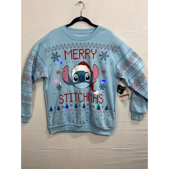 Disney Stitch Merry Stitchmas Christmas Sweatshirt Mens Large Blue Crew Neck - Picture 10 of 11